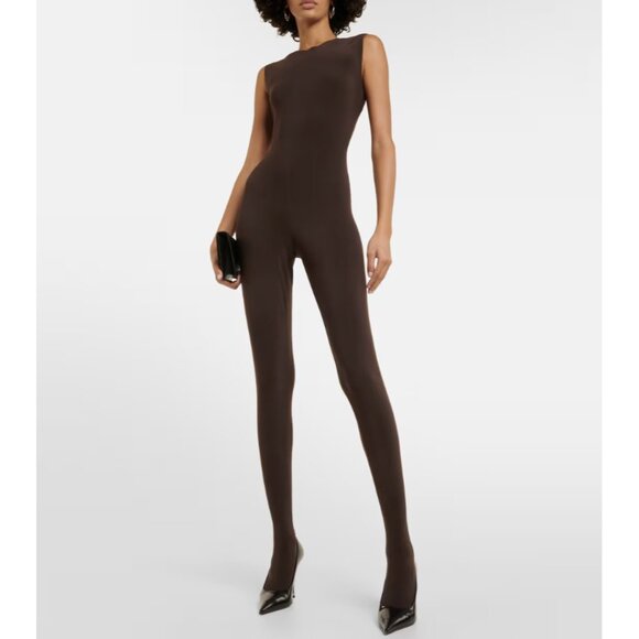 Norma Kamali Jersey Catsuit with Footsie in Chocolate - Picture 1 of 9